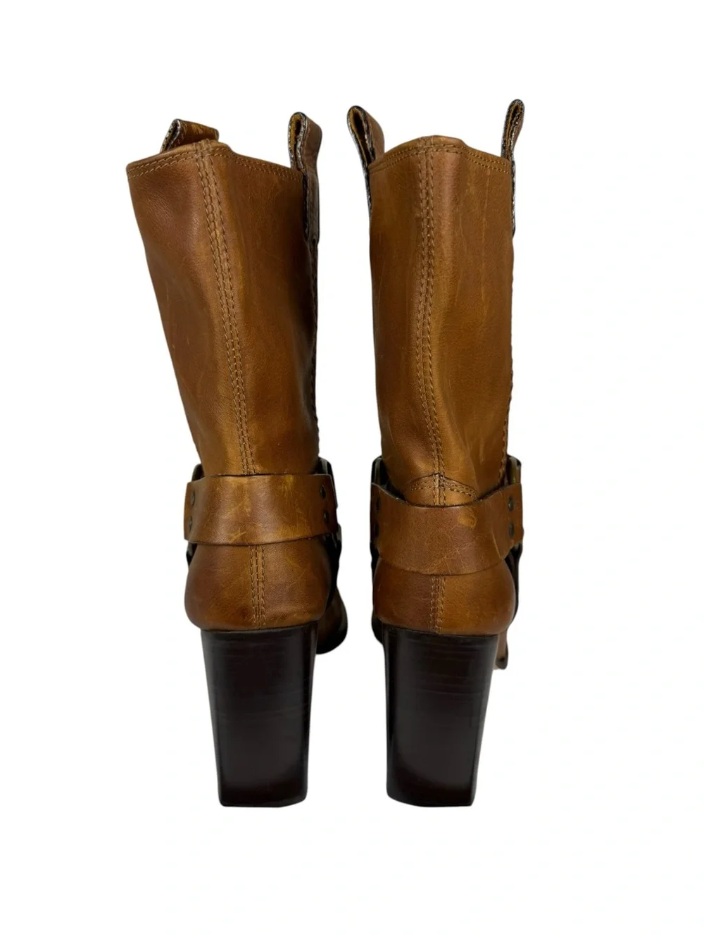 VTG Michael Kors Brown Leather Moto Harness Heeled Boots 9.5 Made in Italy